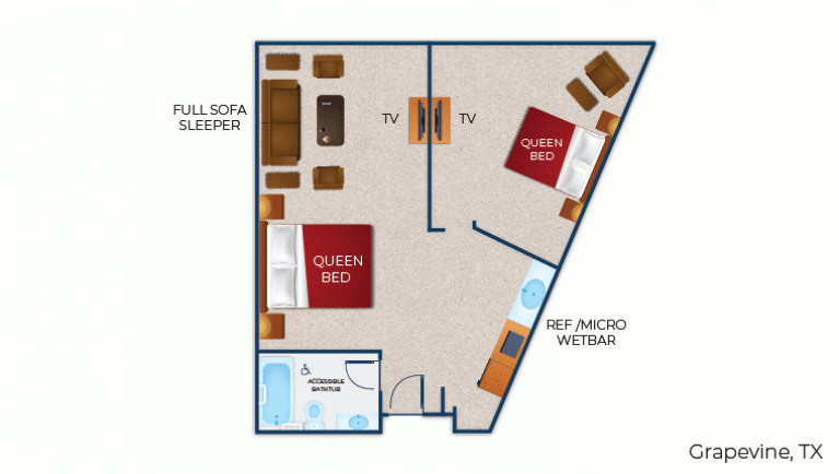 The floor plan for the accessible bathtub Royal Bear Suite